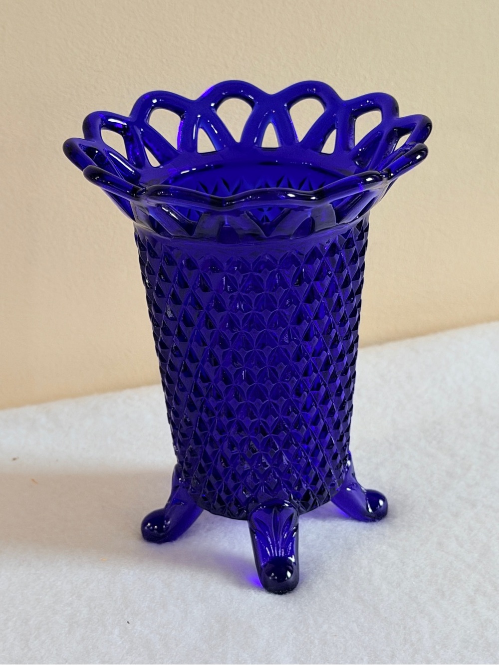 Vintage Imperial Glass Cobalt Blue Laced Edge Genie Footed Vase